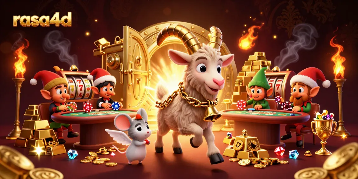 Menggambarkan suasana kasino rasa4d dengan Krampus yang menakutkan dan gulungan slot yang berkilau.