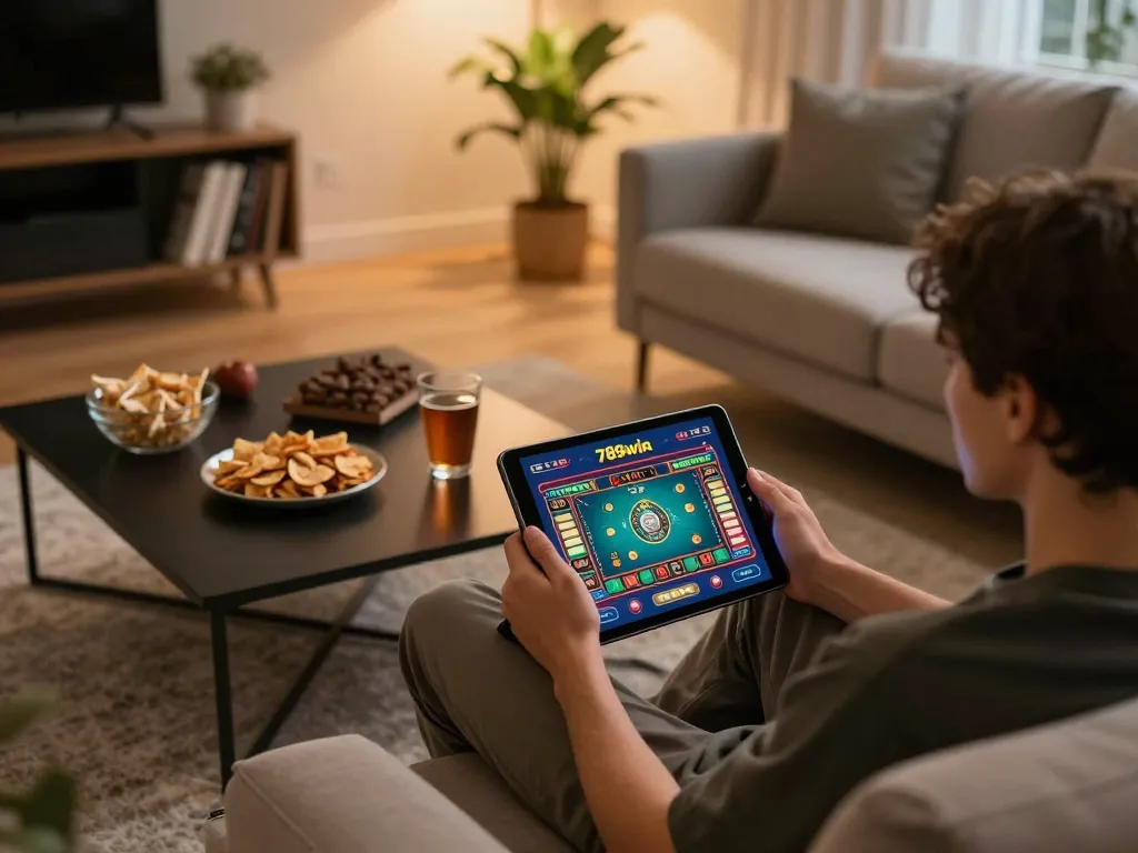 Playing games on the app 789win while relaxing at home in a cozy living room setting