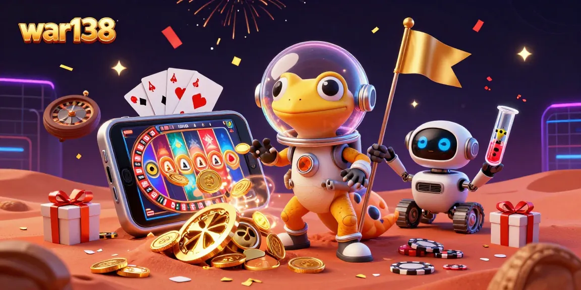 Experience the thrilling world of war138 with a Martian gecko discovering a golden casino filled with exciting slot games.