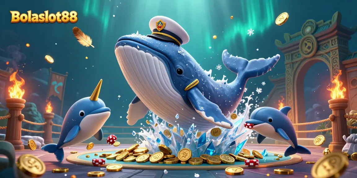 Bolaslot88 offers a vibrant gaming experience with a whale, narwhal, and dolphins among coins and casino elements.