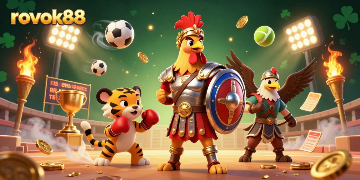 Engage in thrilling gameplay with rokok88, featuring a vibrant scene of a gladiator rooster and sports elements.