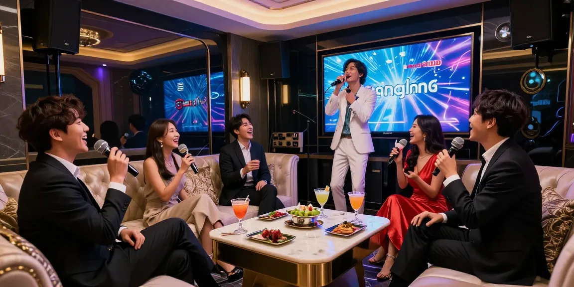 강남쩜오에서 특별한 시간을 보내는 고급스러운 노래방의 프라이빗 파티 장면, 멋진 인테리어와 고급 음향 장비가 돋보임