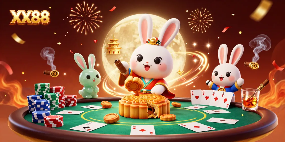 Experience the thrilling environment of XX88 with our captivating moon rabbit scene featuring poker elements.