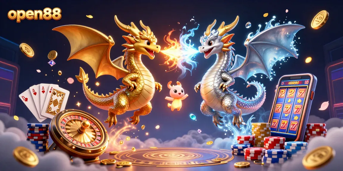 Experience the enchanting world of open88 as twin dragons clash in a vibrant casino-themed 3D scene.