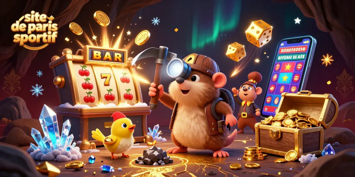 Mole et canari dans une scène dynamique de site de paris sportif avec machines à sous et trésors d'or