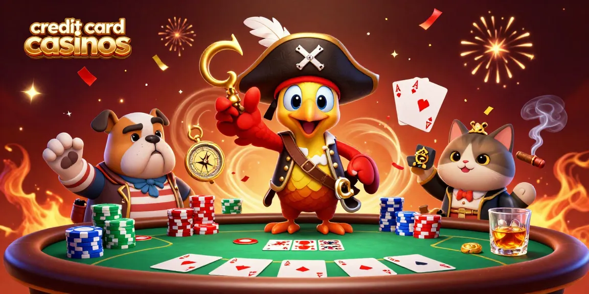 Engage with credit card casinos featuring vibrant characters at a lively poker table.