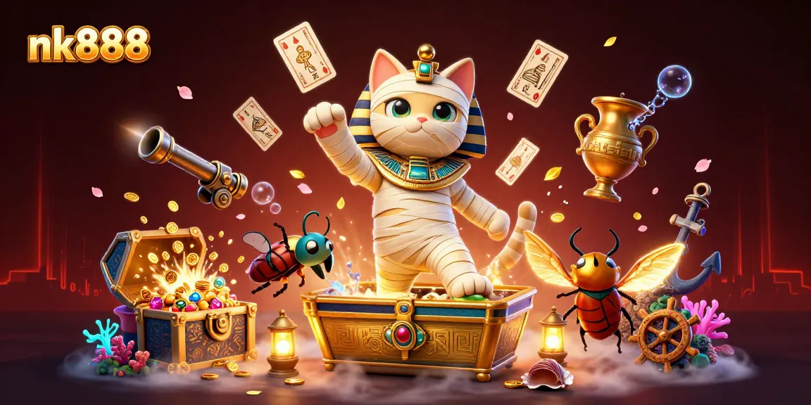 Engage with nk888 at this vibrant casino scene featuring a mummy cat and treasure.