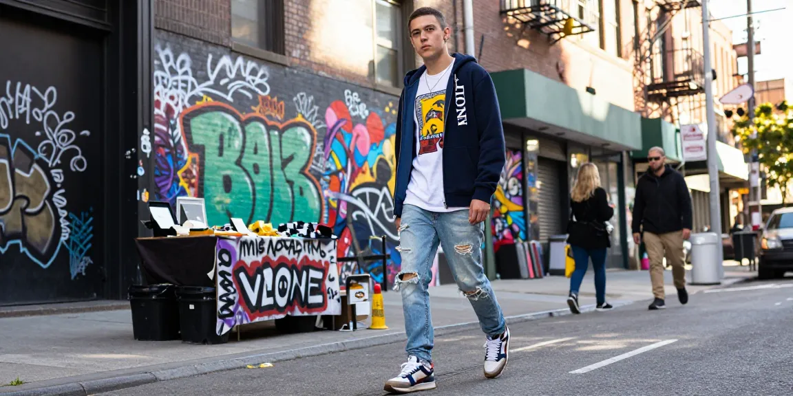 Young person in a Vlone hoodie exemplifying streetwear style on vibrant city streets, representing vlonehodie.com fashion trends.