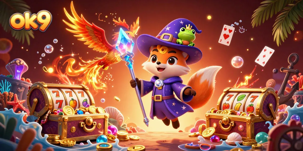 Engage with ok9's exciting casino experience featuring a mystical fox, phoenix, and action-packed slot elements.