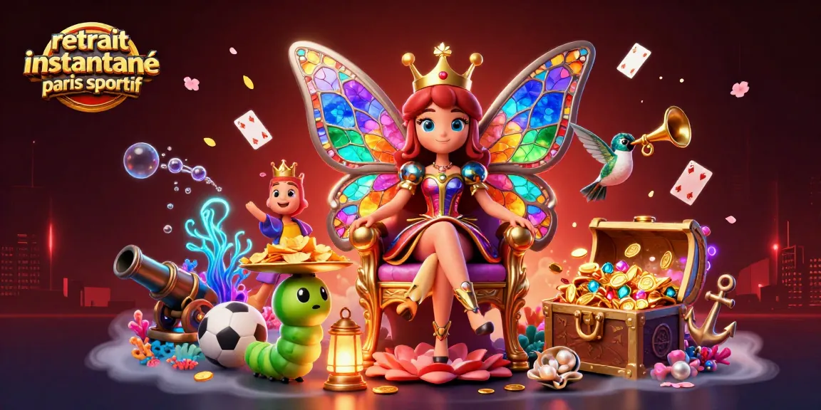 Retrait instantané paris sportif avec des personnages fantastiques et des éléments de jeux, illustrant la rapidité des gains.