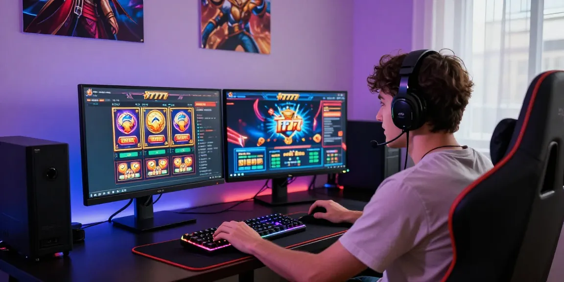 Player enjoying slot777 games in a colorful and vibrant gaming setup, showcasing engaging graphics and gaming accessories.