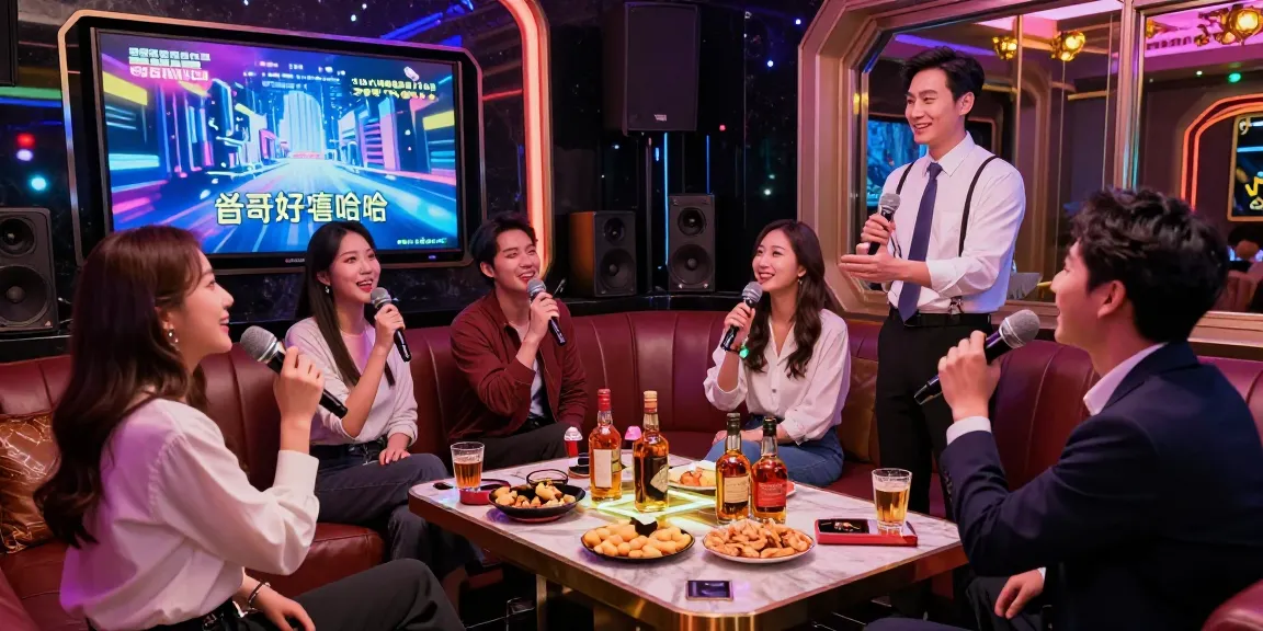 강남가라오케의 고급스러운 룸에서 친구들과 즐거운 시간 보내는 모습