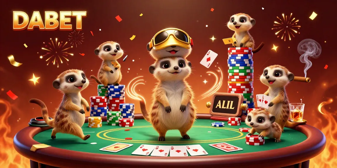 DABET offers a lively 3D scene where meerkats run a casino, showcasing vibrant game elements.