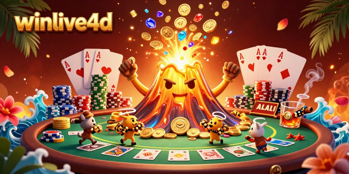 Winlive4d's vibrant gaming scene illustrates triumph with treasures amidst poker elements.