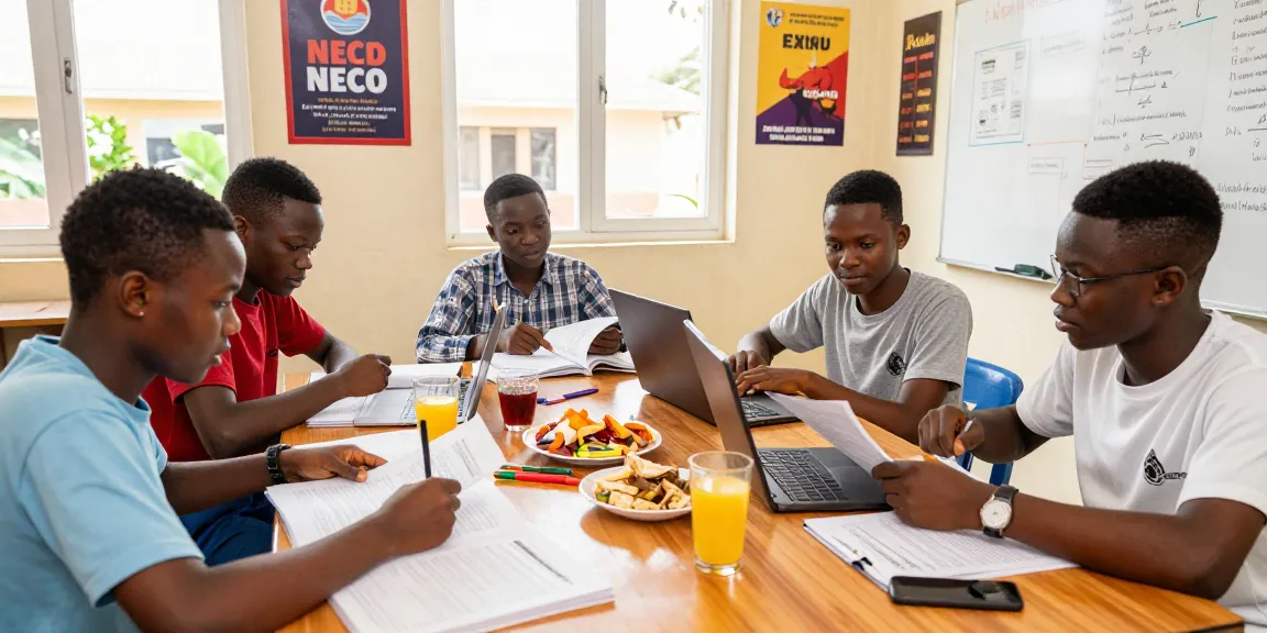 Students studying for the 2026 neco expo in a bright classroom, engaging with textbooks and laptops.