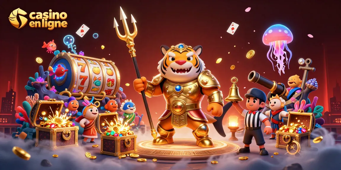 Animations de jeux captivants pour casino en ligne avec un requin tigre en armure et un trésor scintillant