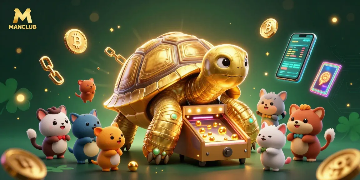 Engage with the dynamic MANCLUB gaming scene featuring crypto elements and a tortoise pinball machine.