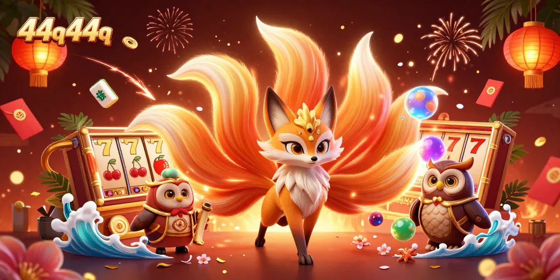 Engage with the vibrant 44q44q casino world featuring a nine-tailed fox and slot elements.