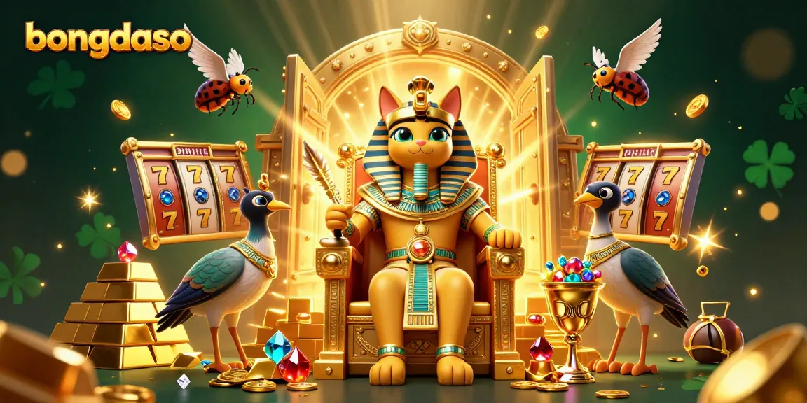 Bongdaso slots scene featuring a pharaoh cat and treasures, showcasing vibrant casino elements.