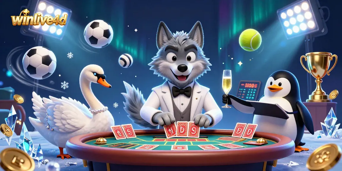 Experience thrilling gameplay at winlive4d as a charming wolf and swan deal cards in a lavish casino.