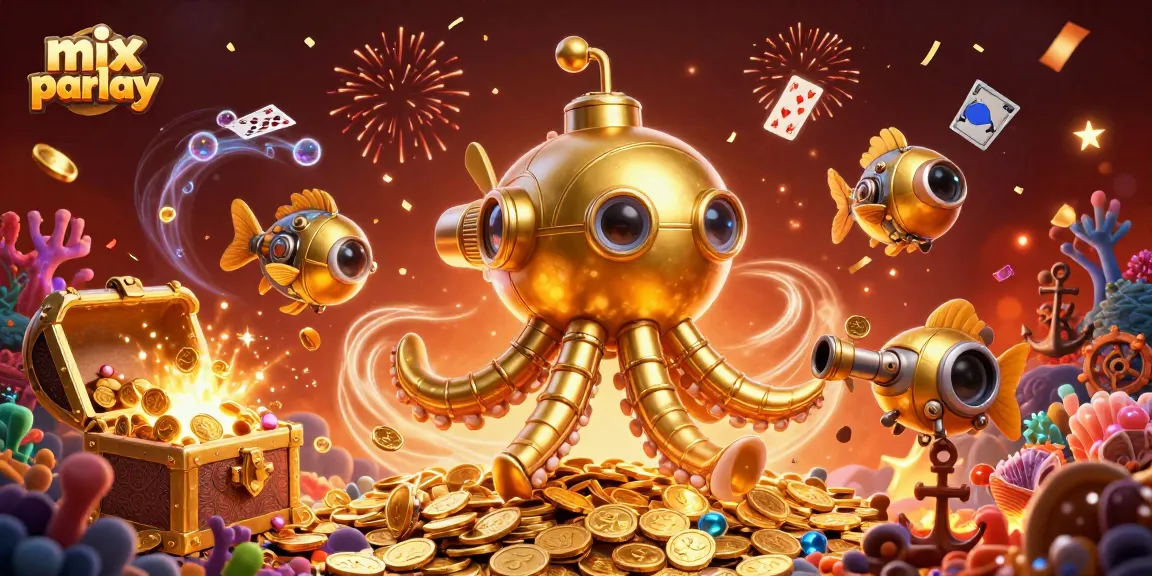 Menggabungkan taruhan mix parlay dalam ilustrasi 3D yang kaya detail dengan tema kasino, dikelilingi koin emas dan elemen permainan.