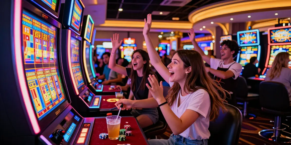 Excited players around a "Slot 777" machine in a vibrant casino atmosphere.