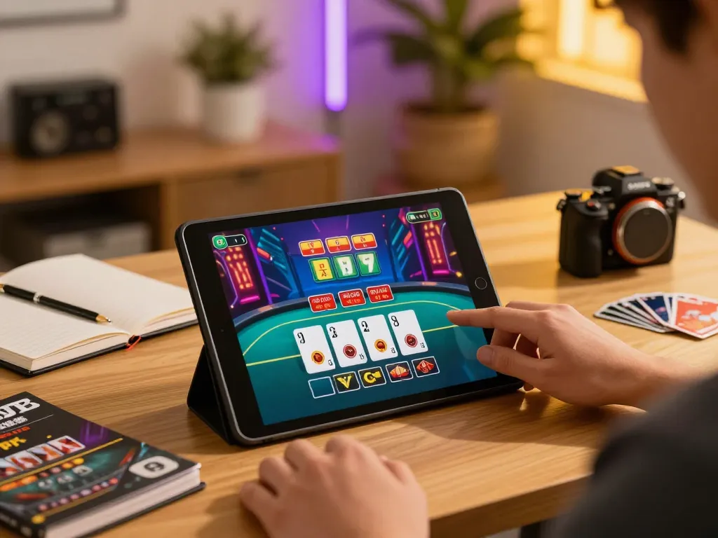Engaging in 8xx bet live dealer blackjack game on tablet with cozy home office ambiance