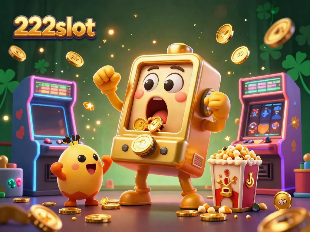 Mesin slot jackpot dengan simbol 222slot dikelilingi mesin kecil dan popcorn, menciptakan suasana kasino yang meriah.