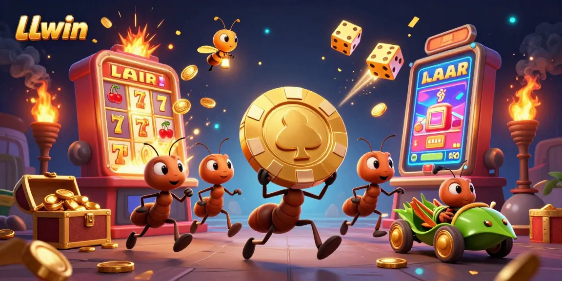 LLwin offers dynamic casino action with ants carrying a giant poker chip in a vibrant 3D scene.