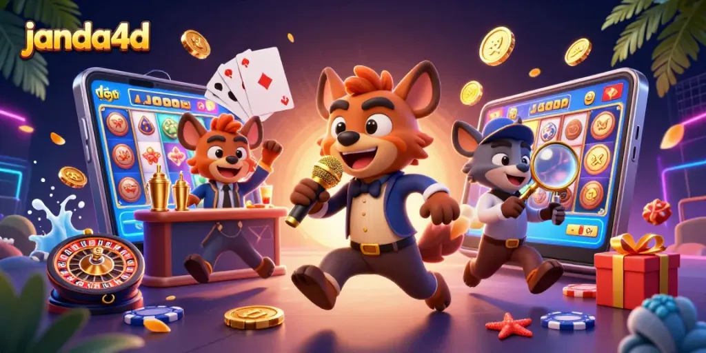 JANDA4D menciptakan suasana kasino yang ceria dengan hyena sebagai bartender dan komedian, dikelilingi permainan dan hadiah.