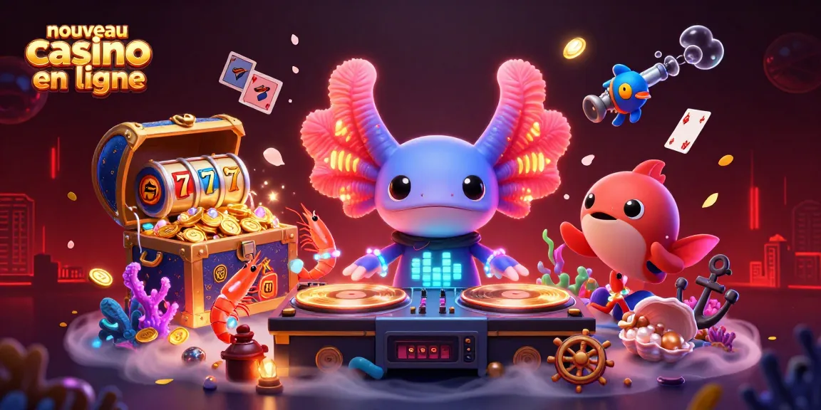 Découvrez l'univers d'un nouveau casino en ligne avec un axolotl DJ animé entouré de créatures marines festives.