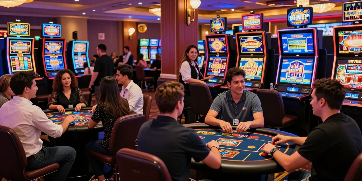 Casino en ligne où des joueurs s'amusent avec des machines à sous et des jeux de table, ambiance festive et lumineuse.