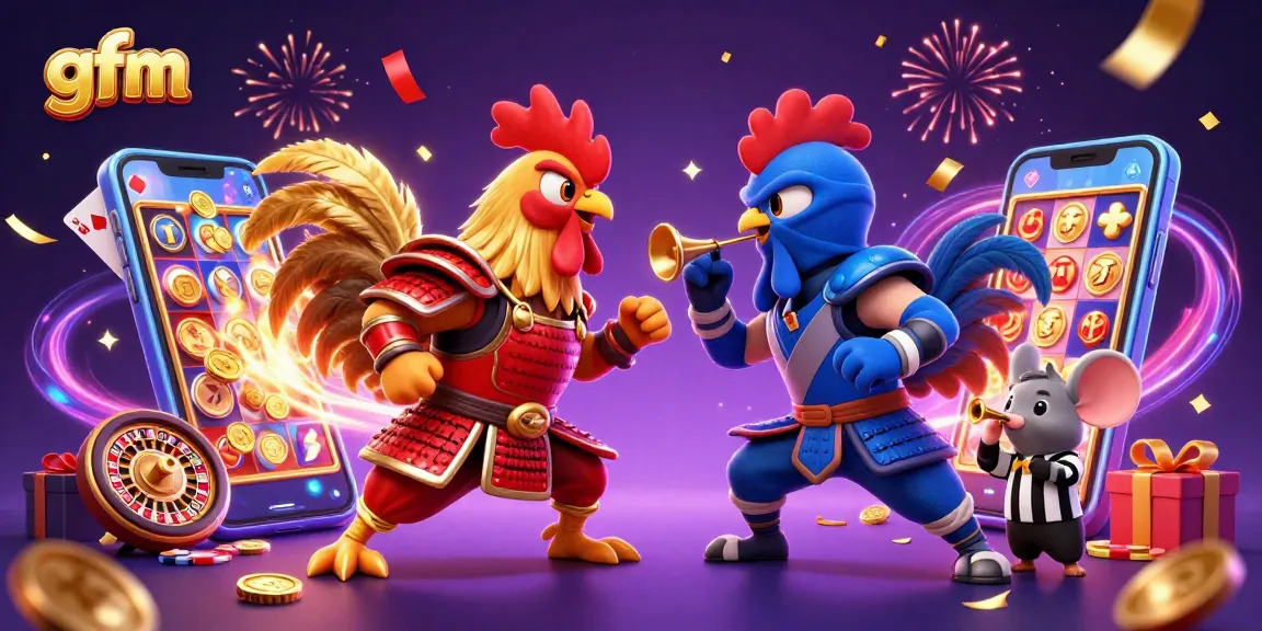 Experience thrilling standoffs at gfm with dynamic fighting roosters in a colorful casino scene.