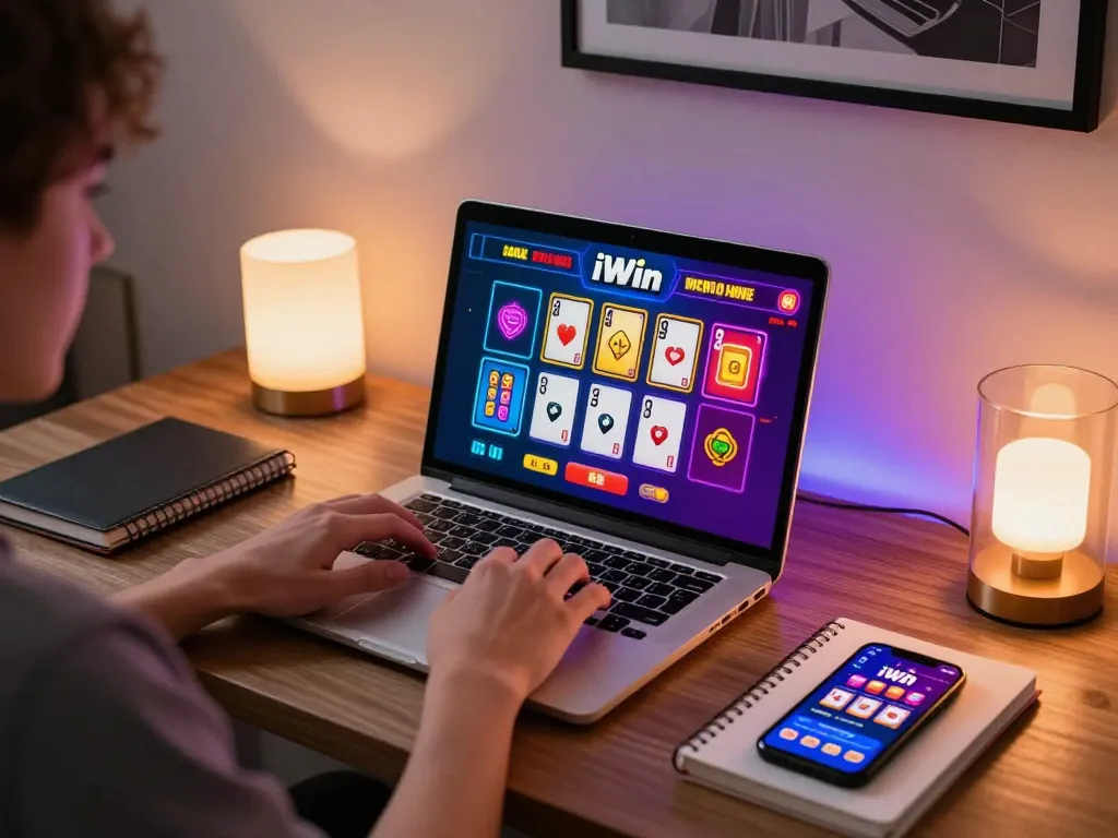 Engaged player enjoying an iWin online casino game, surrounded by strategy notes in a cozy home setup.