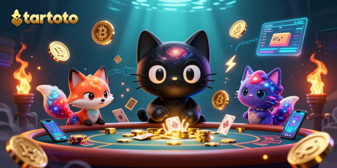 Tartoto gaming scene featuring a cartoon black hole cat, nebula fox, and crypto coins dynamically winning.
