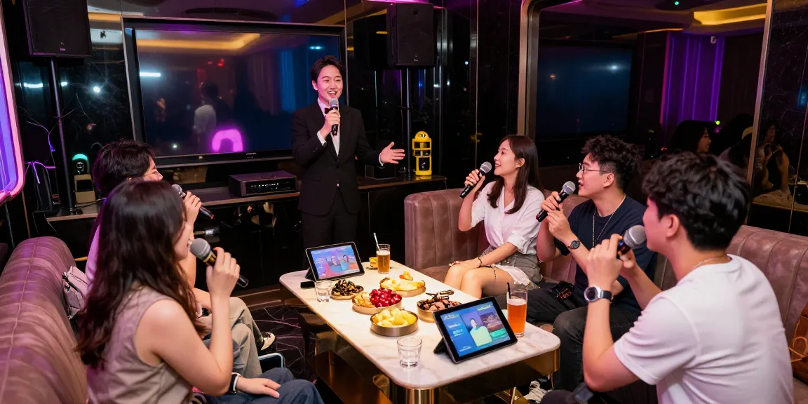 강남쩜오 고급 가라오케 룸에서 친절한 응대와 쾌적한 시설을 즐기는 모습