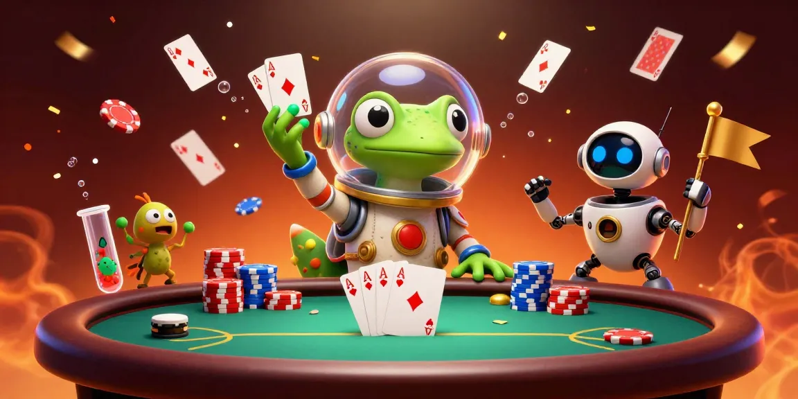 Fête du poker en ligne avec un gécko martien et un rover, célébrant une victoire sur un tapis de poker