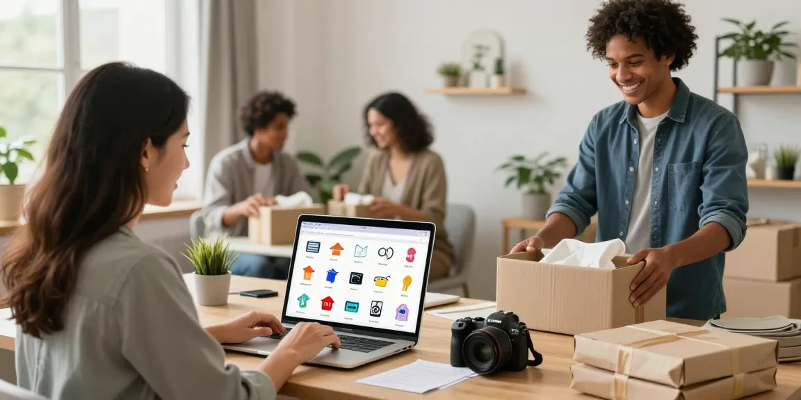 Engaging e-commerce scene on rokok88 with diverse users buying and selling second-hand items in a cozy home office.