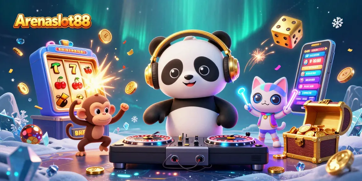 Arenaslot88 features a lively 3D scene with a DJ panda, dancing monkey, and kitten celebrating gaming wins.
