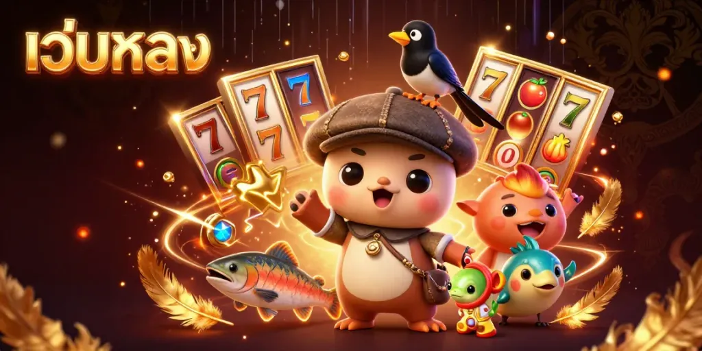 Spin to win with เว็บตรง in this dynamic, playful slots scene featuring a baby Nessie and friends.