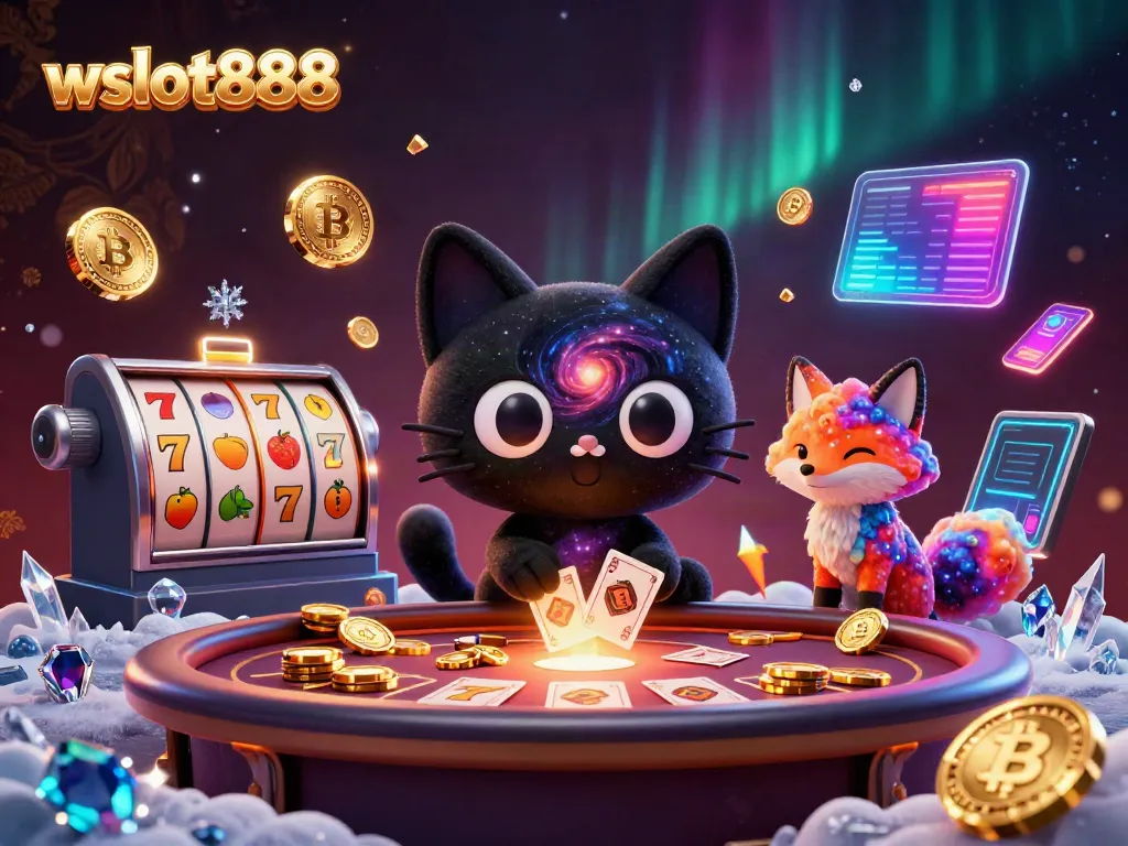 Permainan seru wslot888 di meja kasino, menarik koin dan kartu ke dalam gravitasi kucing hitam.