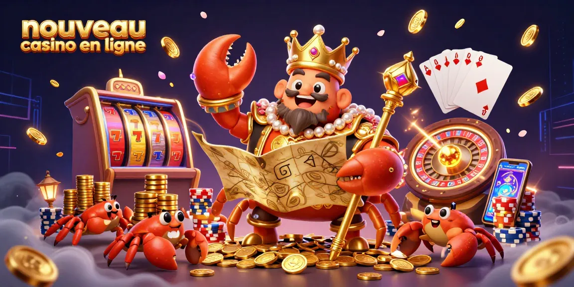 Illustration d'un nouveau casino en ligne avec un crabe empereur doré entouré de jetons et de cartes.