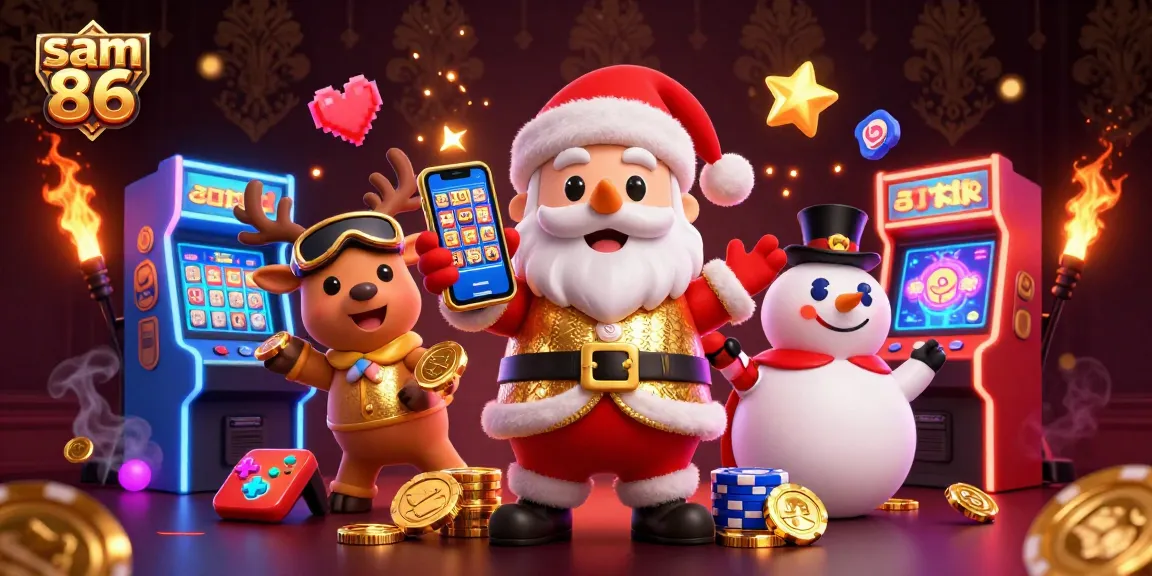 Experience the excitement of sam 86 with Santa Claus and friends in a dynamic casino scene.