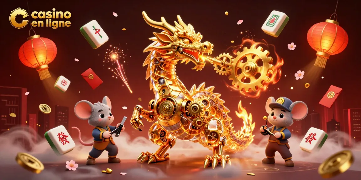 Explorez l'univers des jeux de casino en ligne avec un dragon mécanique et des éléments dorés captivants.
