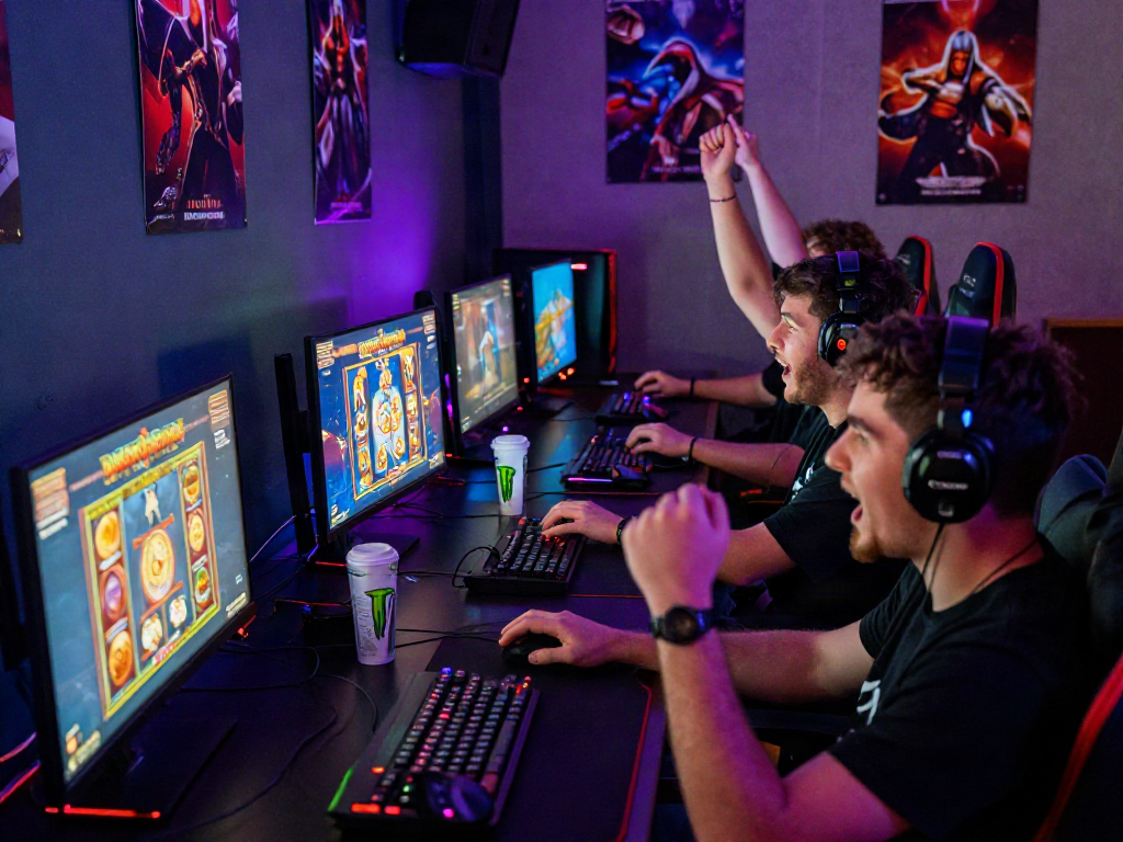 Excited gamers celebrating a bonus new member win in a vibrant online gaming environment.