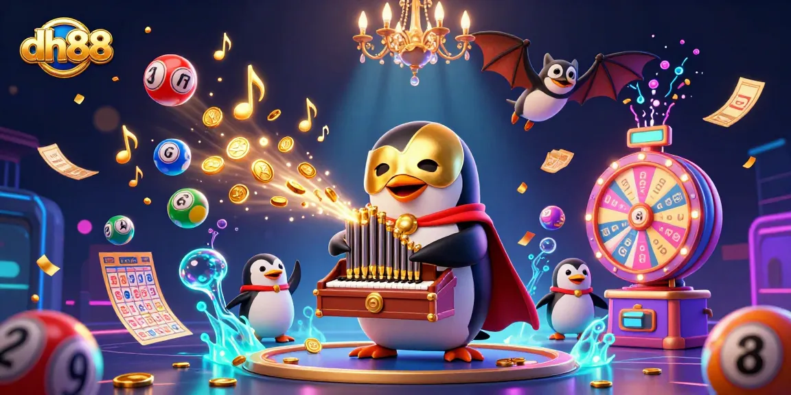 Engage with dh88's dynamic gaming experience featuring the iconic penguin and vibrant lottery elements cascading.