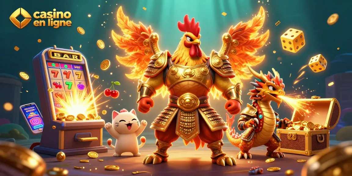 Profitez de l'expérience immersive d'un casino en ligne avec un guerrier coq et un dragon.