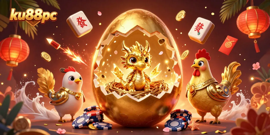ku88pc players enjoy a vivid 3D illustration of a golden dragon guarding poker chips amidst mahjong tiles and festive decorations.