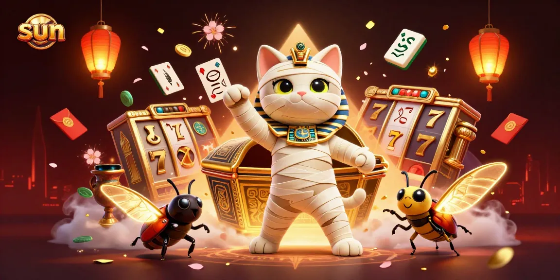 Engage with the sun-themed Egyptian mummy cat and scarab beetle in a vibrant casino scene.