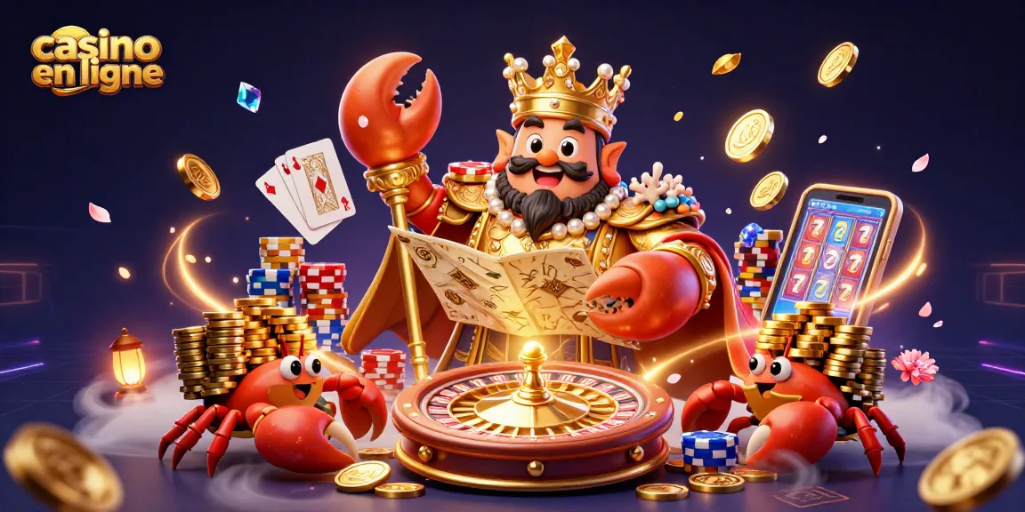 Découvrez un univers vibrant de casino en ligne avec un crabe impérial et des pièces qui flottent.